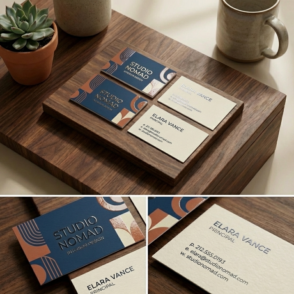 Elegant business cards on wooden surface.